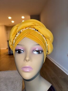 Yellow Embellished Turban Headwrap - Women Accessories